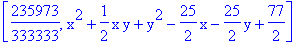 [235973/333333, x^2+1/2*x*y+y^2-25/2*x-25/2*y+77/2]